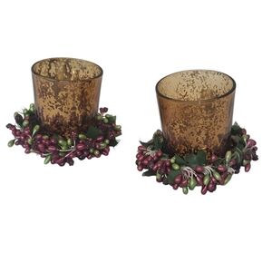 8 Inch Mistletoe Floral Red Tea Light Glass Candle Holder Set